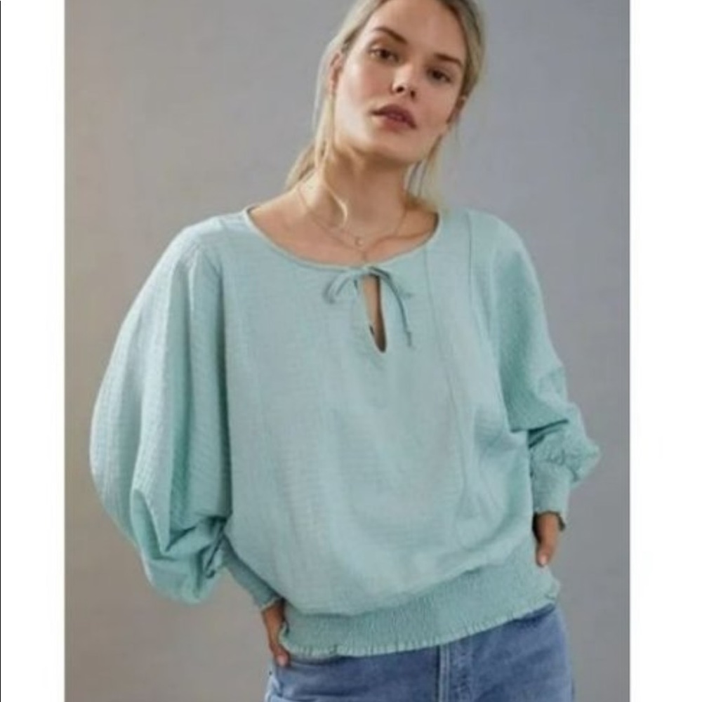 ANTHRO Rebecca long balloon sleeve top, smocked waist, Mint